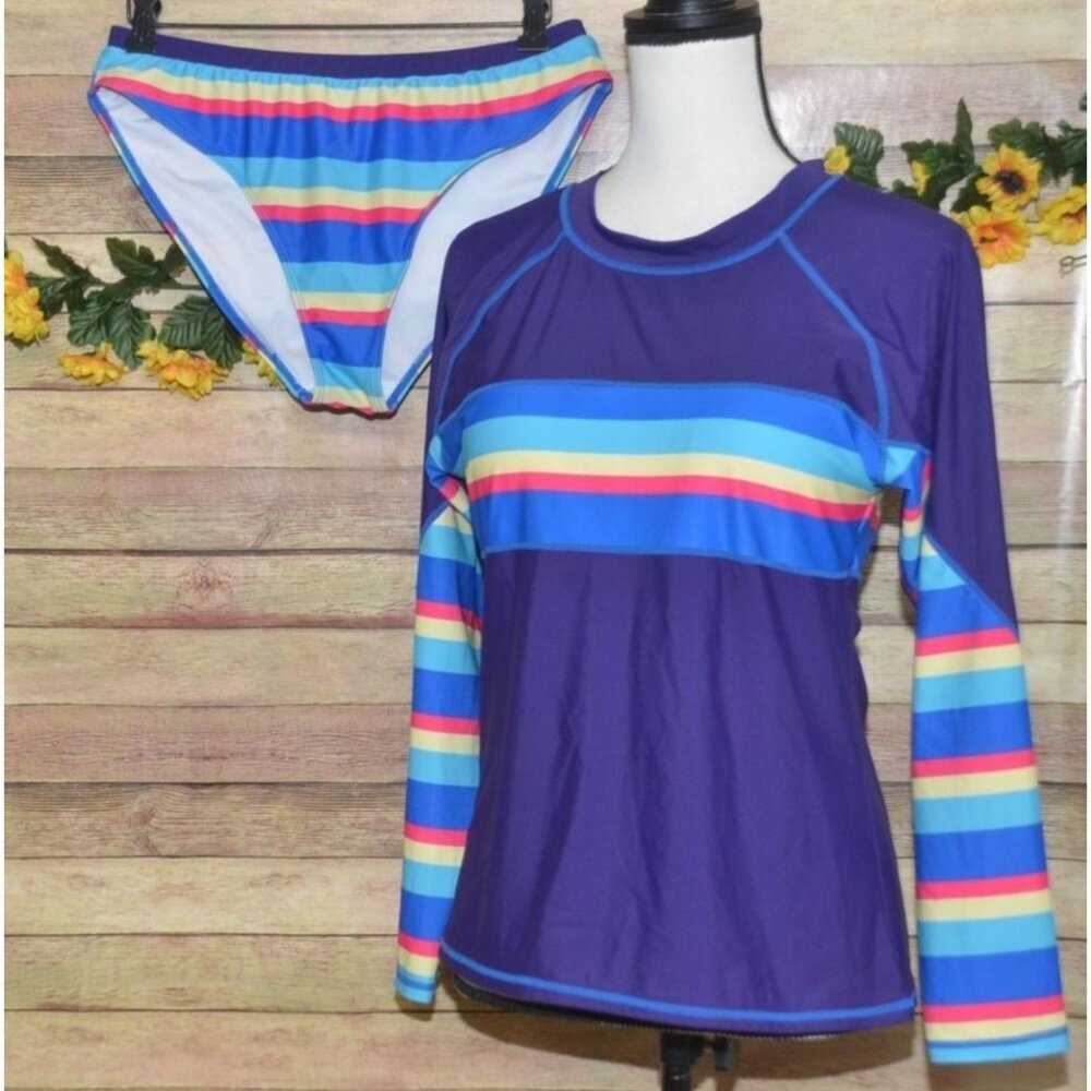 Women’s Long Sleeve Rash Guard Bikini Set in Purple with Multi-Color Stripes